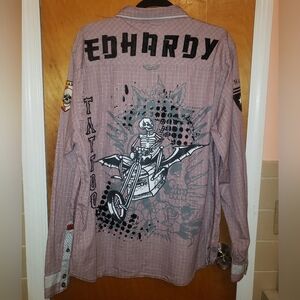 NWT Ed Hardy 100% cotton Tattoo burgundy button down shirt